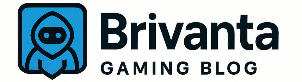 Brivanta gaming blog logo featuring a modern hooded character icon in blue and black on a white background.